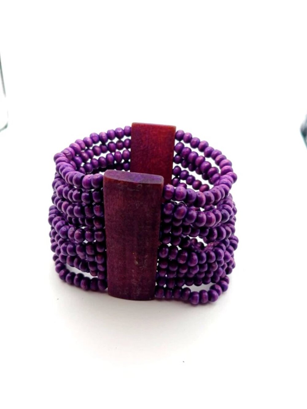 Stretchy Purple 10 Row Wood Beaded Bracelet 8 Inches